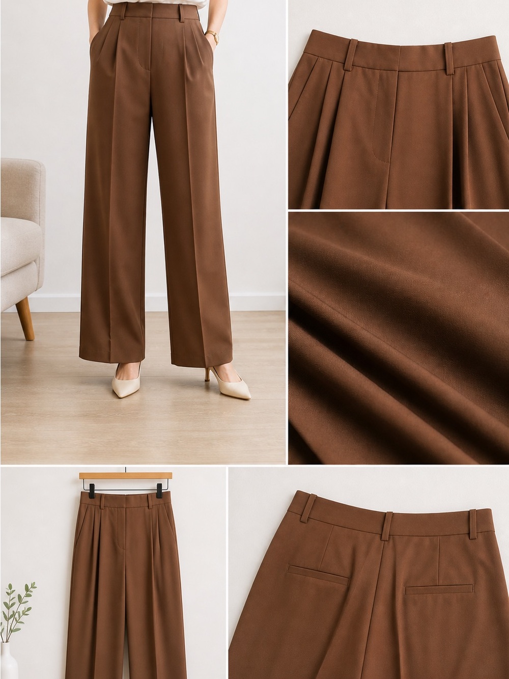 Massimo Dutti Brown Wide-Leg High-Waist Trousers